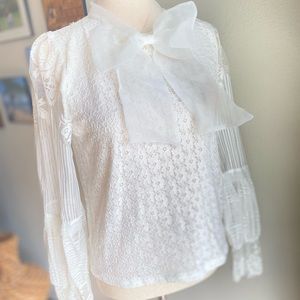 The Moon Lace Long Sleeve Dressy Bow Top Blouse